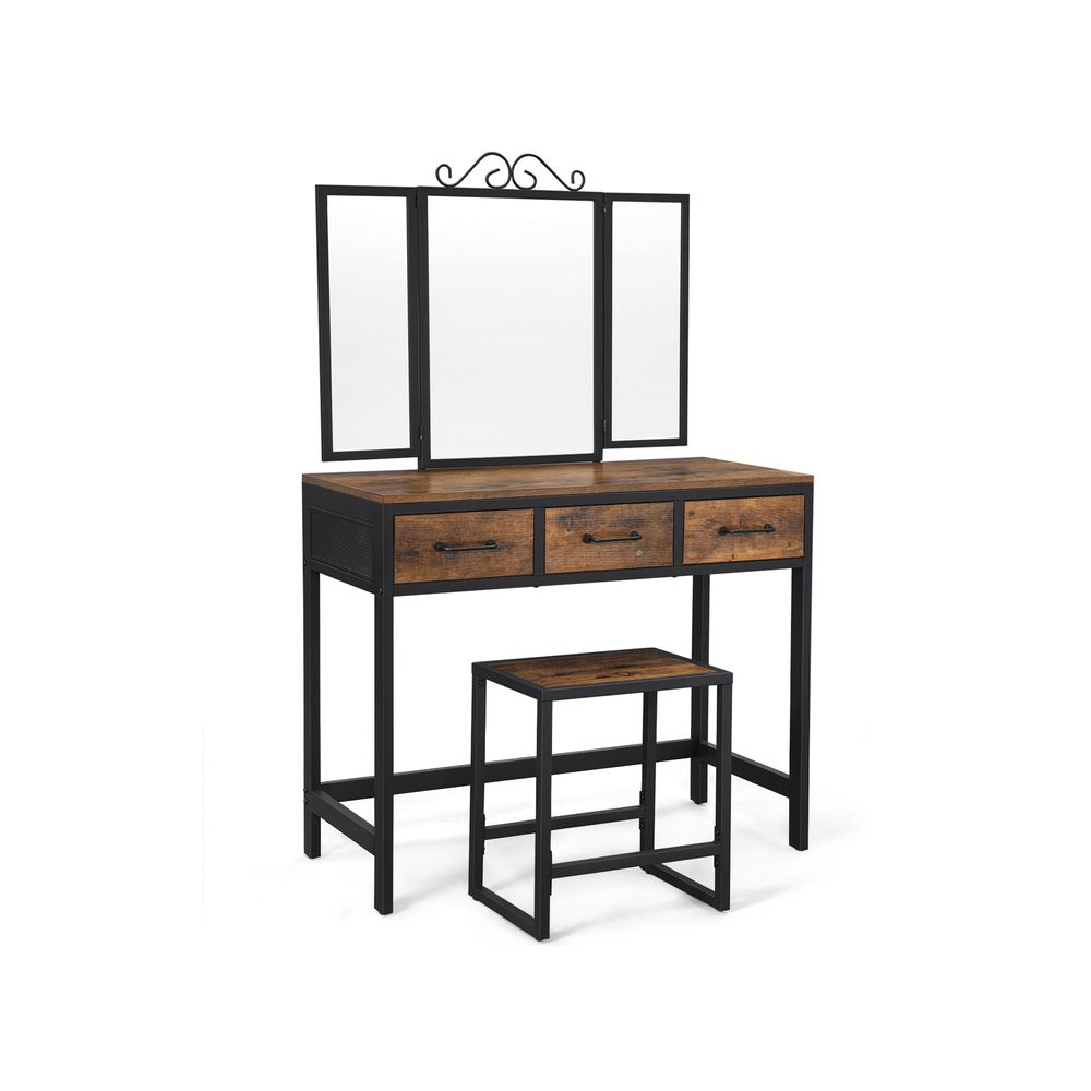 Vanity Table and Stool Set - Brown Finish - 2 Piece Set