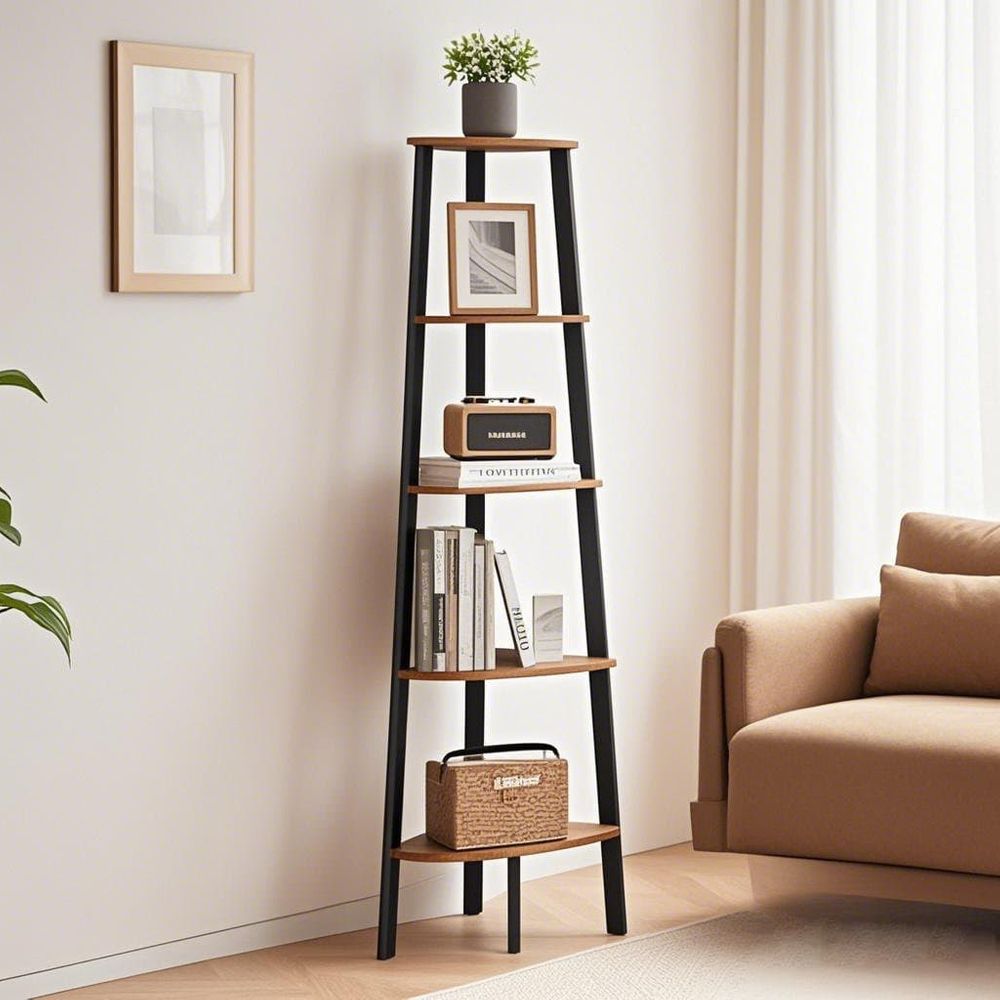 Corner Shelf - 5-Tier Ladder Design - Rustic Brown Finish