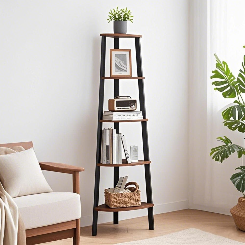Corner Shelf - 5-Tier Ladder Design - Rustic Brown Finish