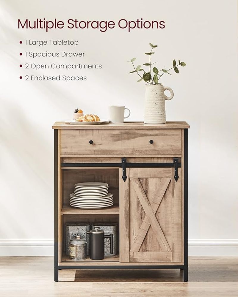 Storage Cabinet - Sliding Barn Door Design - Freestanding Kitchen Cupboard Unit
