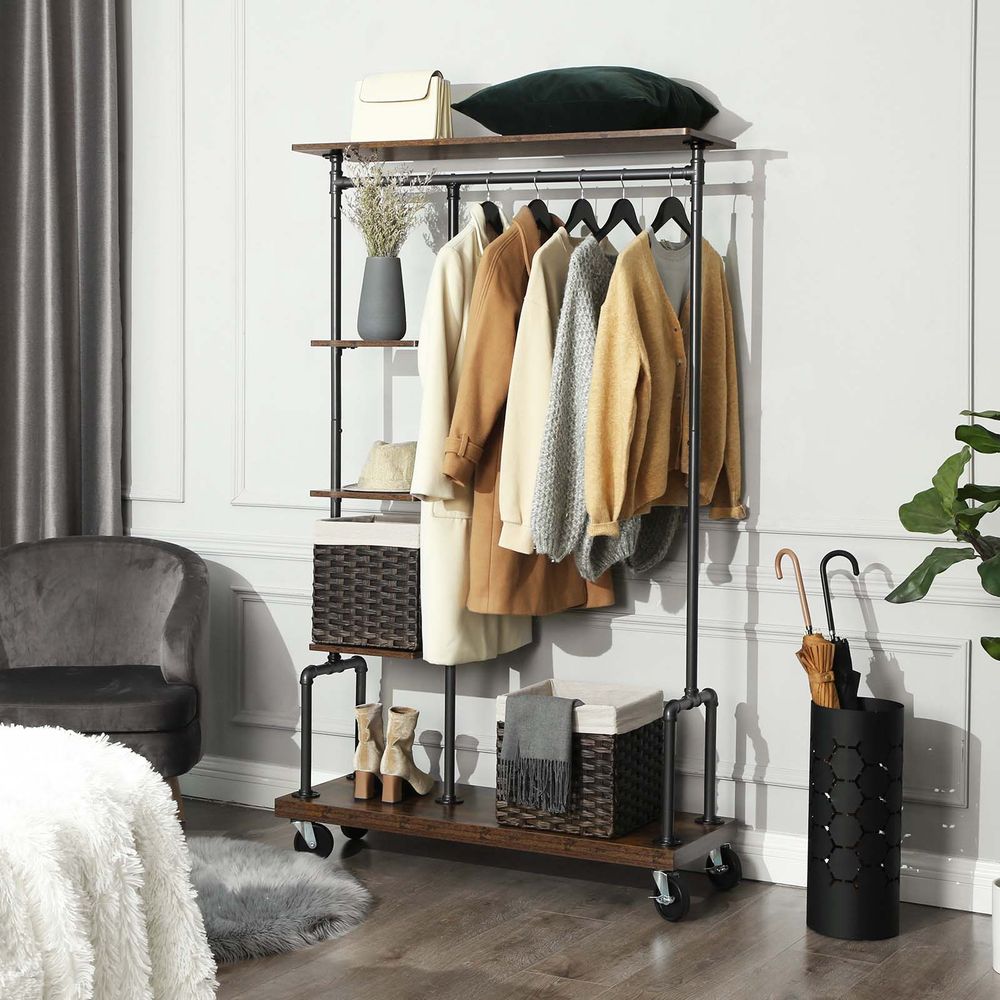 Clothing Rack - Mobile Design on Wheels - Rustic Brown Finish