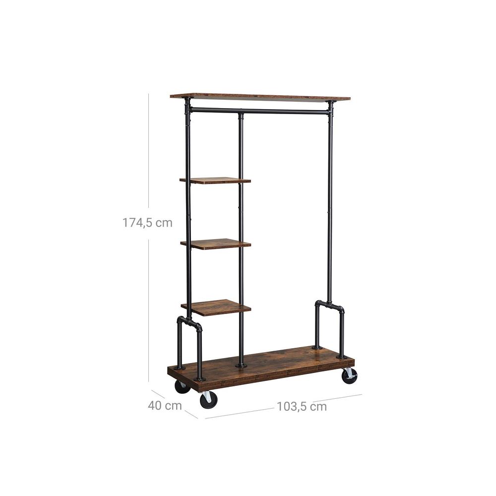 Clothing Rack - Mobile Design on Wheels - Rustic Brown Finish