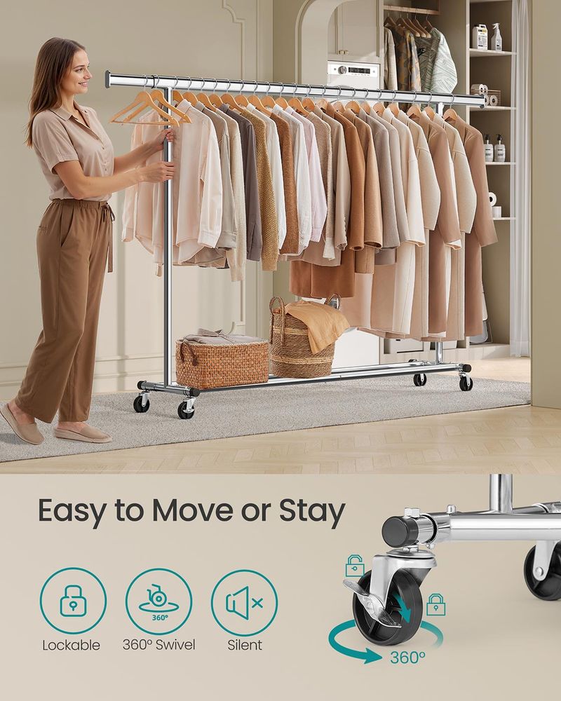Clothes Rack - Mobile Design on Wheels - Silver Finish