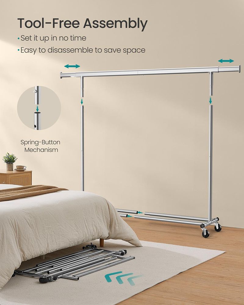 Clothes Rack - Mobile Design on Wheels - Silver Finish