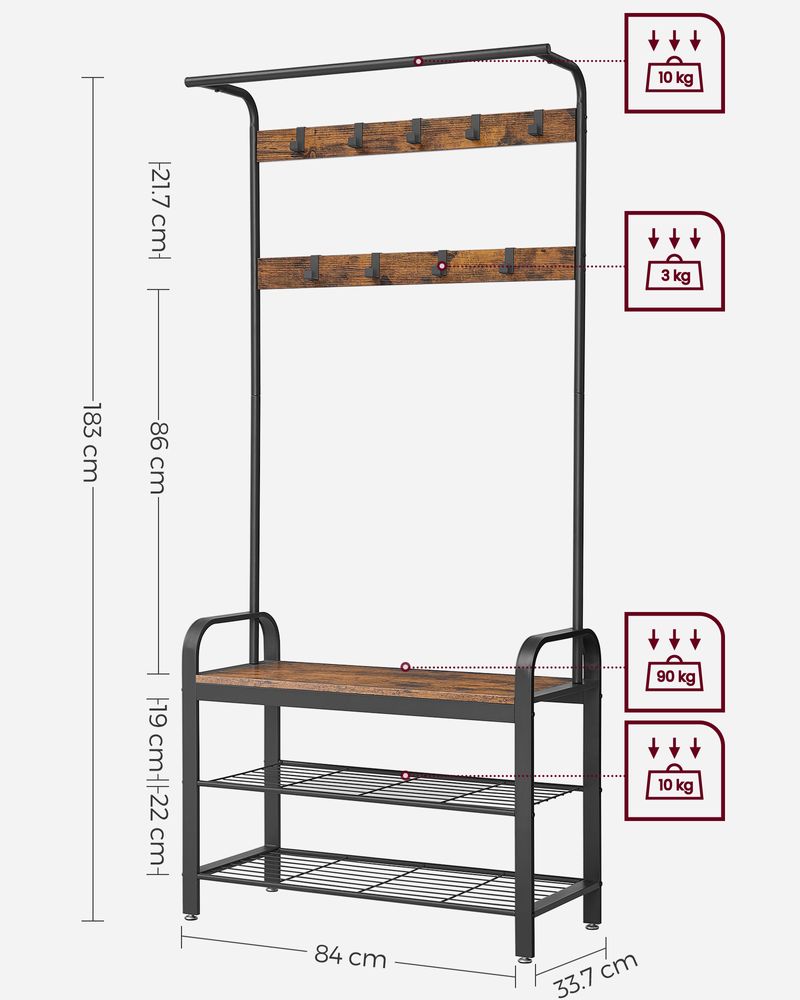 Coat Rack - Freestanding Industrial Design - 183cm Rustic Brown & Black