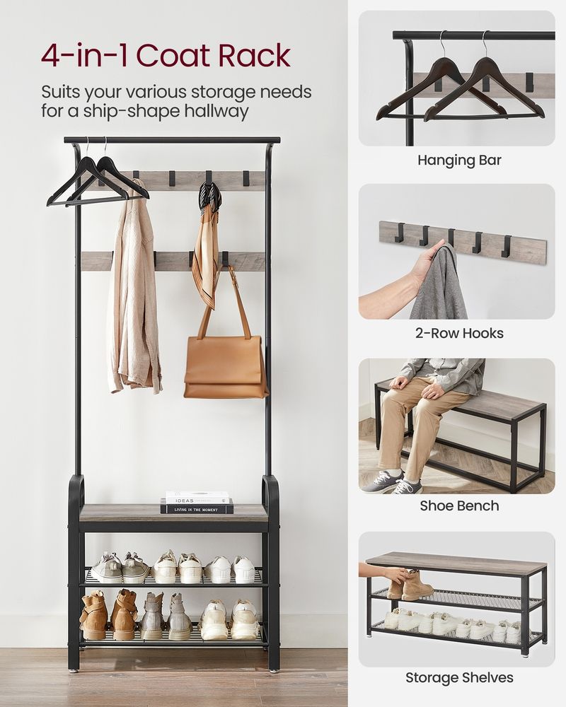 Coat Rack -  Coat and Shoe Rack Storage Unit - 9 Removable Hook Design
