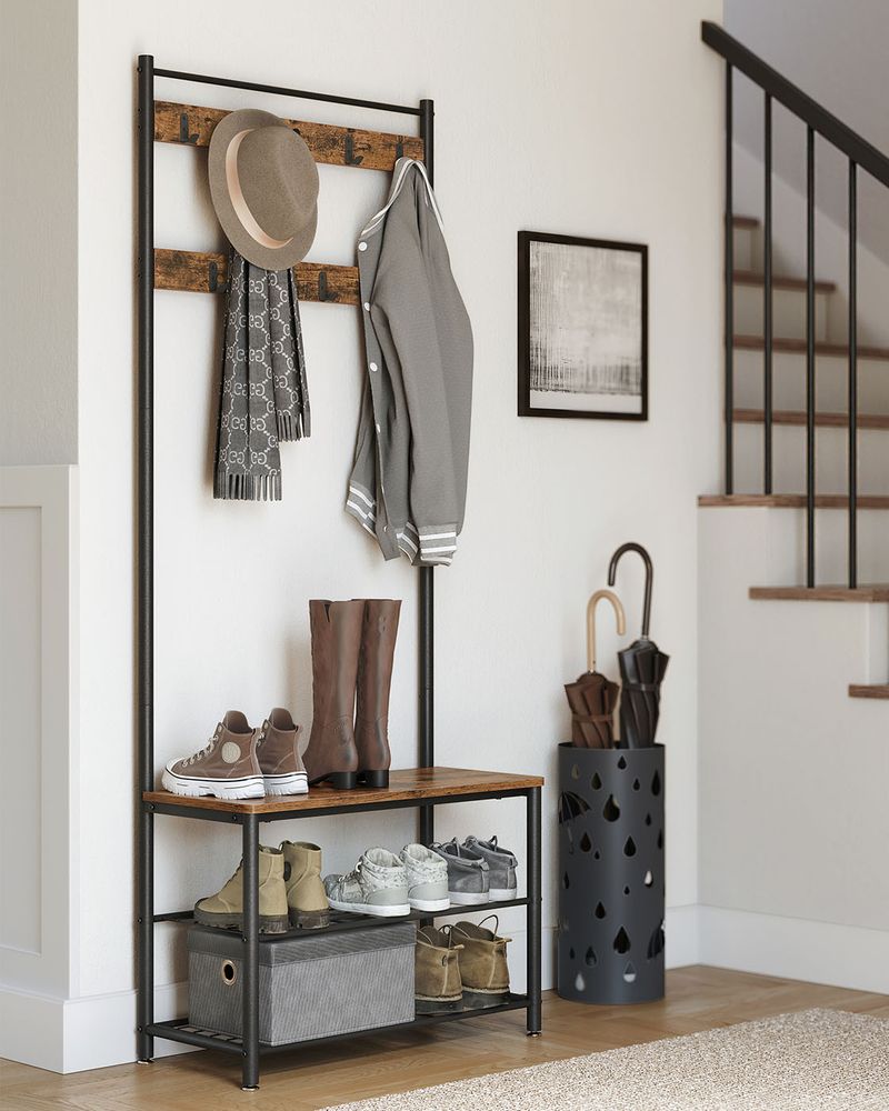 Coat Rack - Integrated Shoe Bench Storage - Freestanding Unit