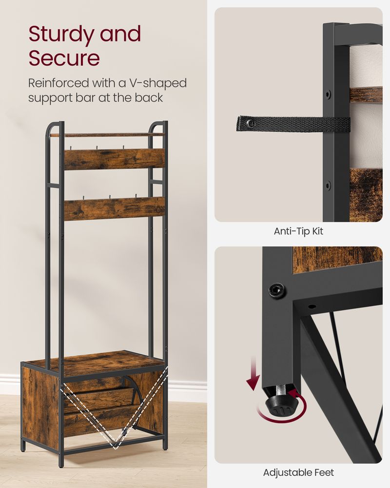 Coat Rack - Integrated Shoe Storage - Rustic Brown Unit