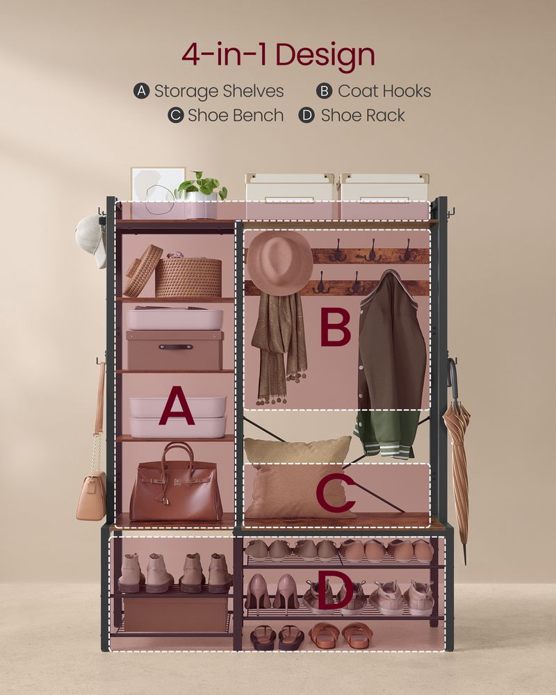 Coat Rack - Shoe Bench Unit - 9 Hook Storage Design