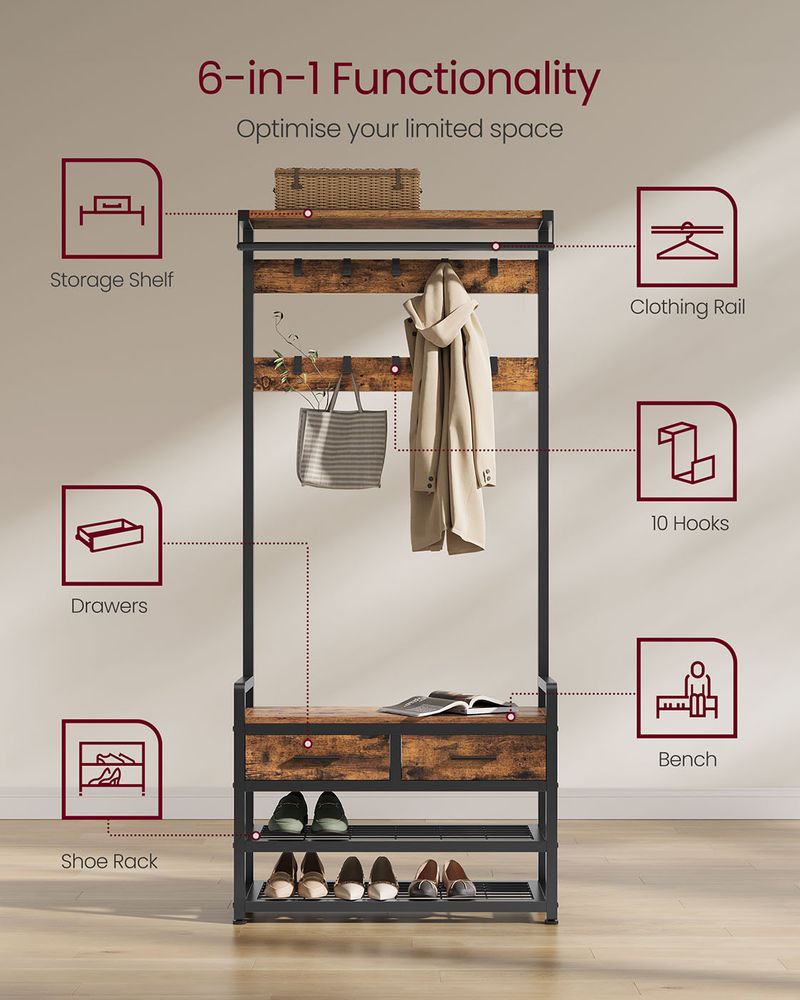 Coat Rack - Bench with Shoe Storage Design - Hallway Storage Unit