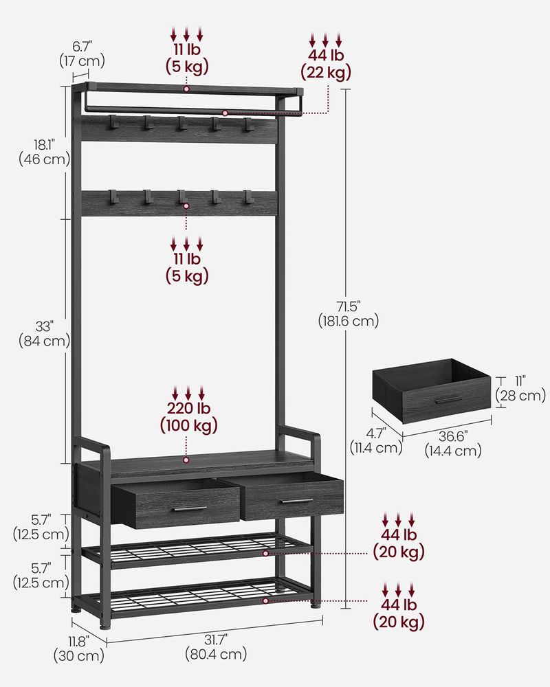 Coat Rack - Bench with Shoe Storage Design - Hallway Storage Unit