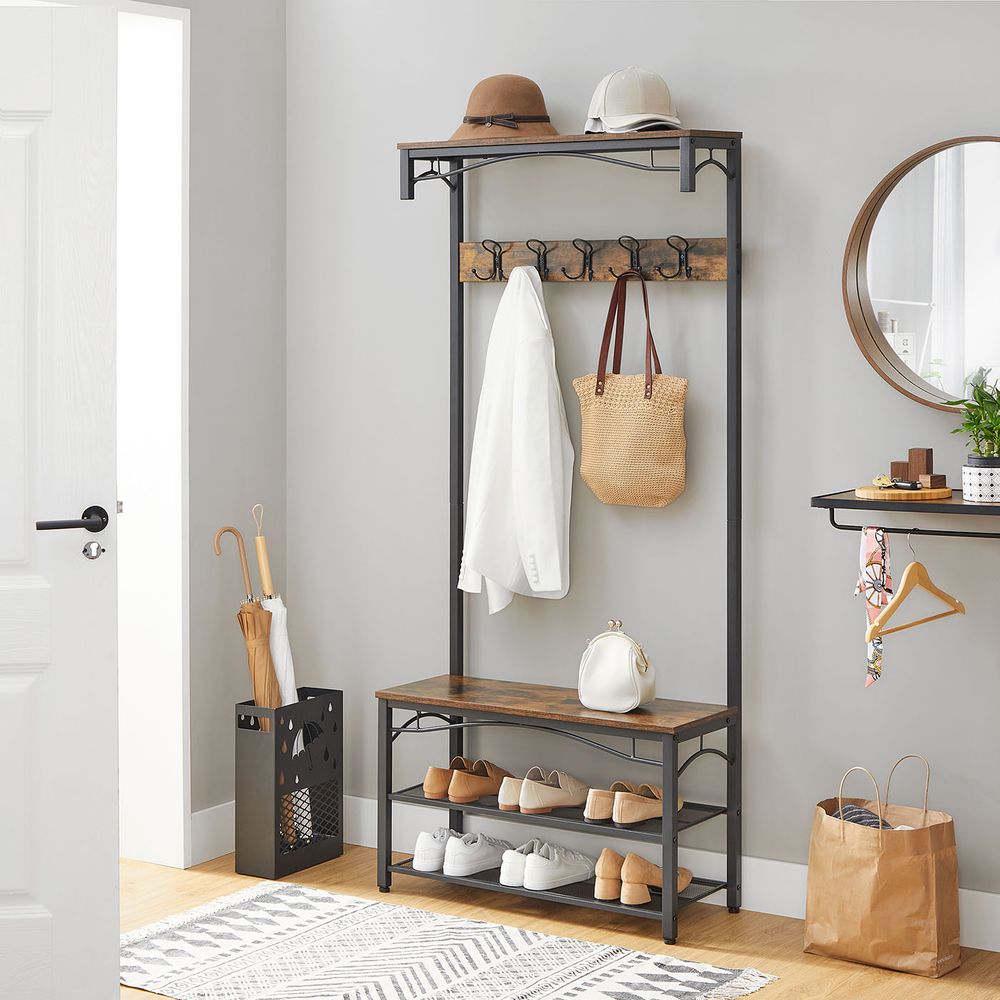 Coat Rack - Hat & Coat Stand with Bench - Rustic Brown Finish