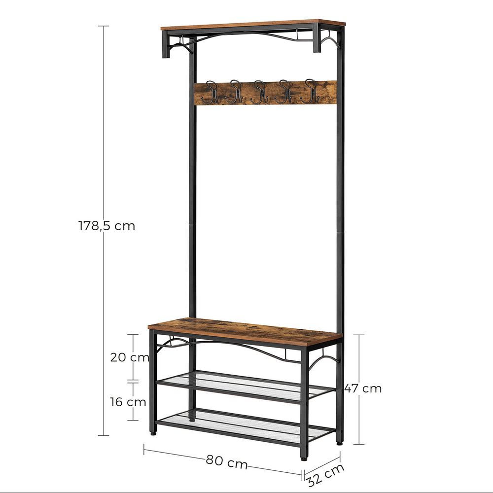 Coat Rack - Hat & Coat Stand with Bench - Rustic Brown Finish