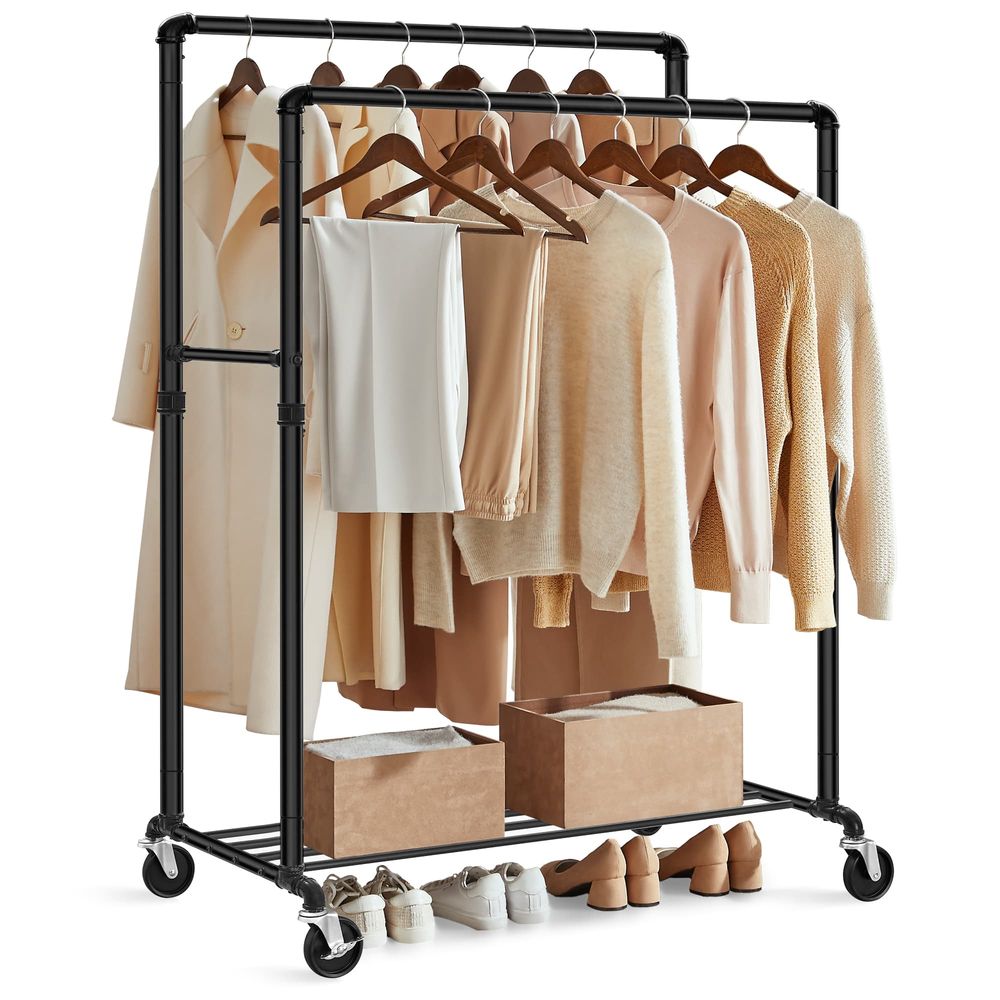 Clothes Rail - Double Rail Pipe Design - Black Finish