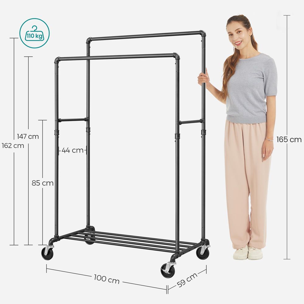 Clothes Rail - Double Rail Pipe Design - Black Finish