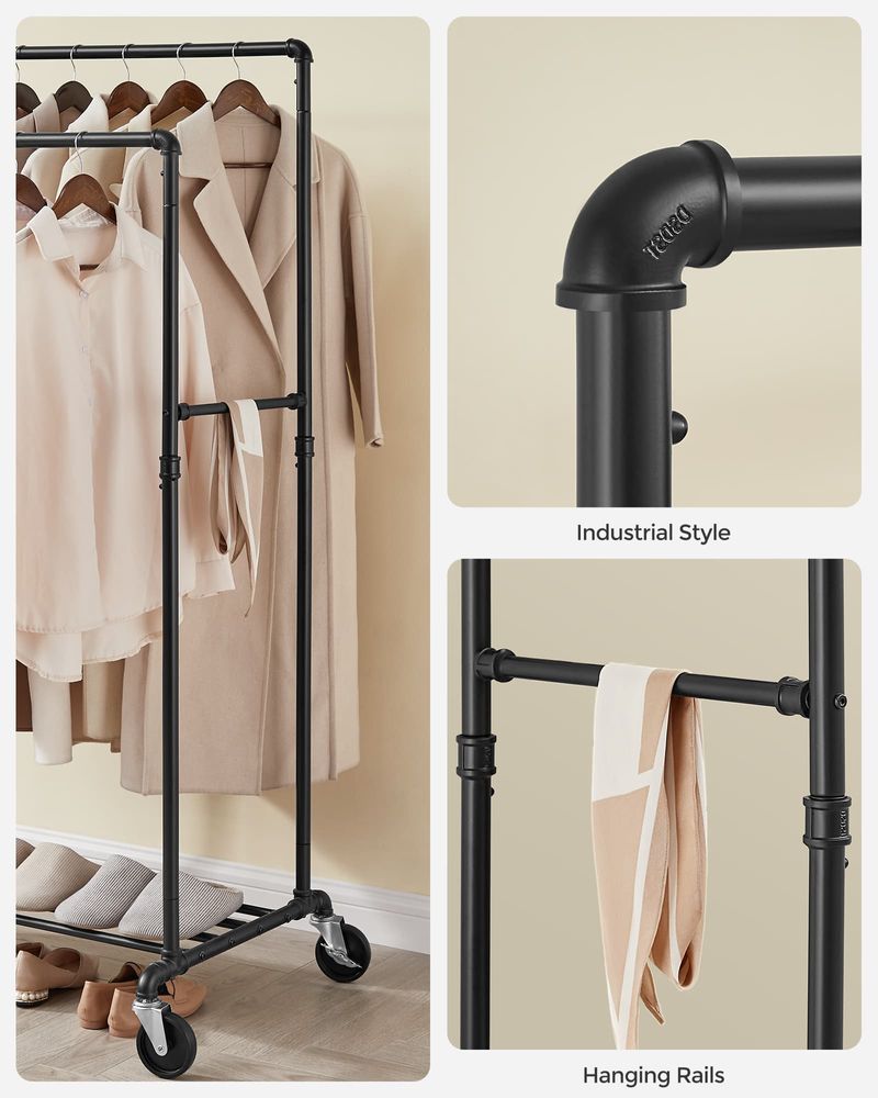 Clothes Rail - Double Rail Pipe Design - Black Finish