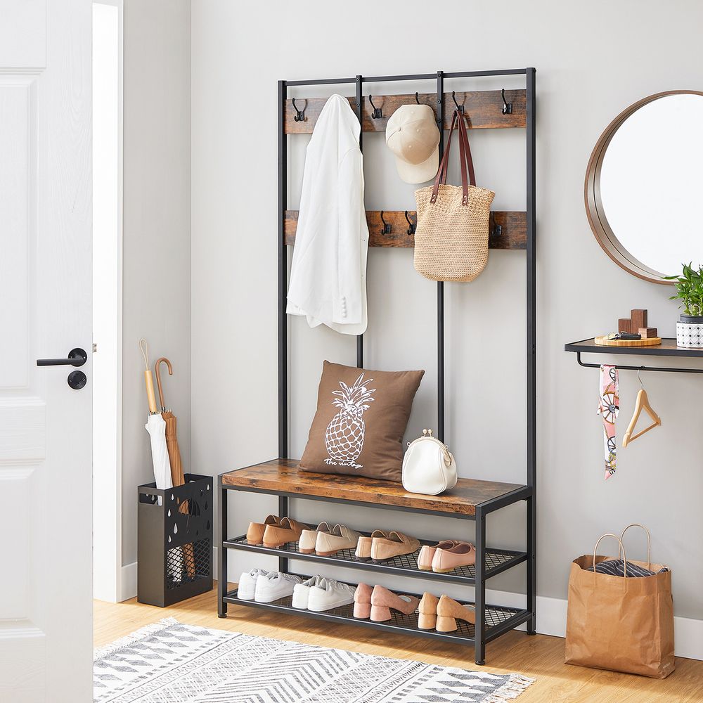 Coat Rack - Freestanding Storage Design - Rustic Brown Finish Unit