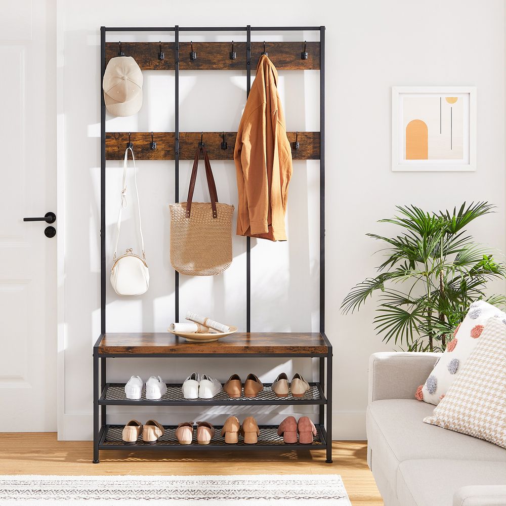 Coat Rack - Freestanding Storage Design - Rustic Brown Finish Unit