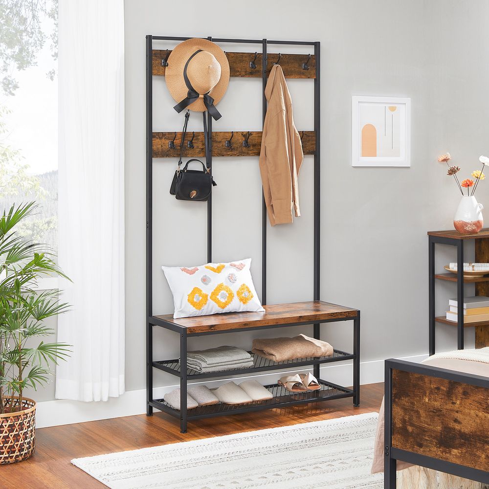 Coat Rack - Freestanding Storage Design - Rustic Brown Finish Unit