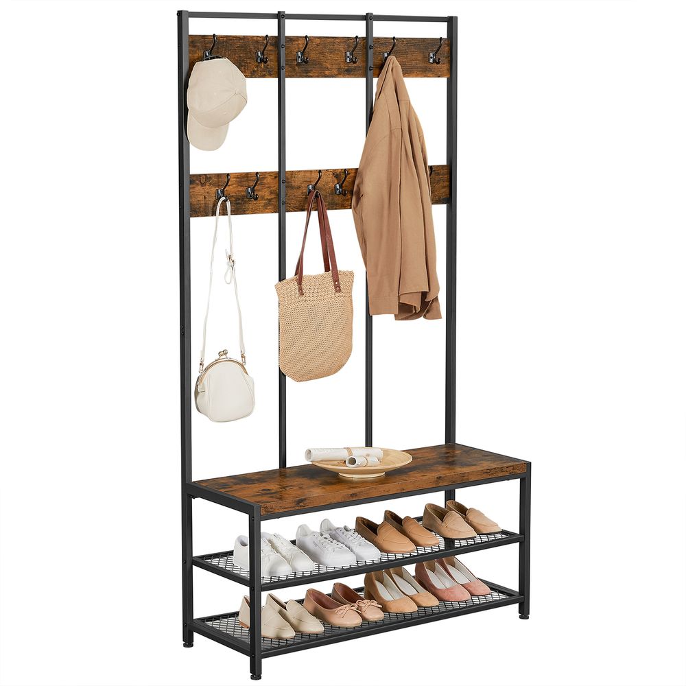 Coat Rack - Freestanding Storage Design - Rustic Brown Finish Unit