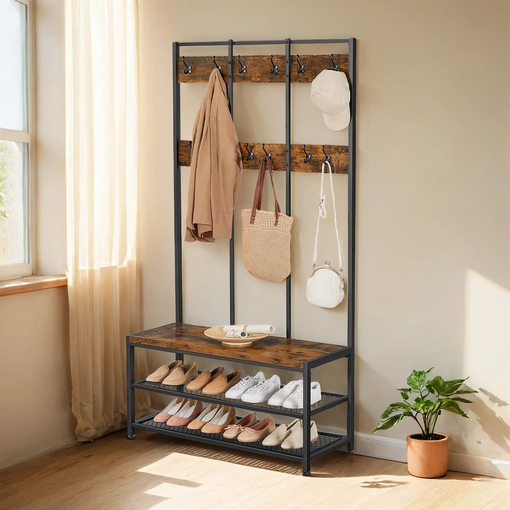 Coat Rack - Bench with Shoe Storage - Rustic Brown Unit