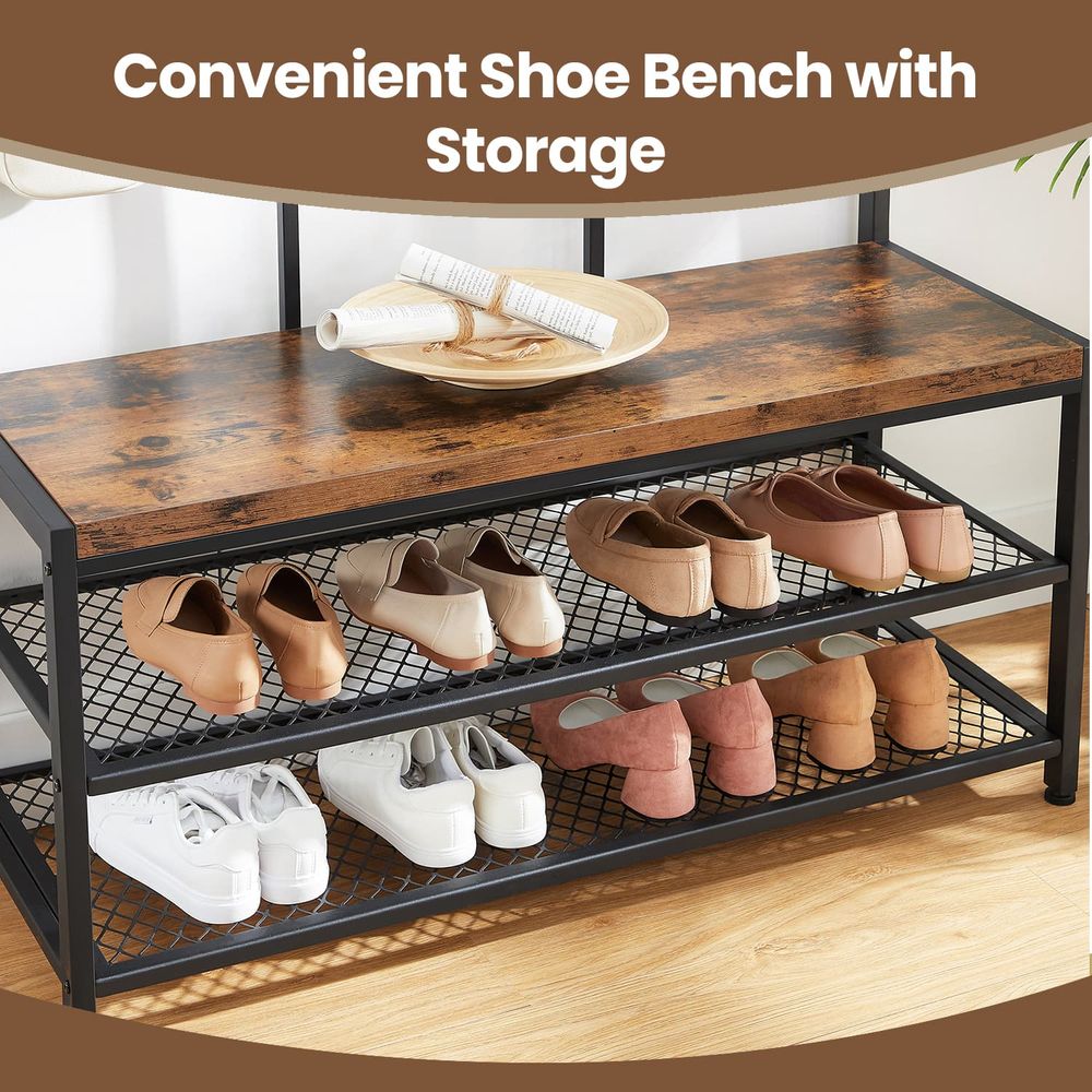 Coat Rack - Bench with Shoe Storage - Rustic Brown Unit