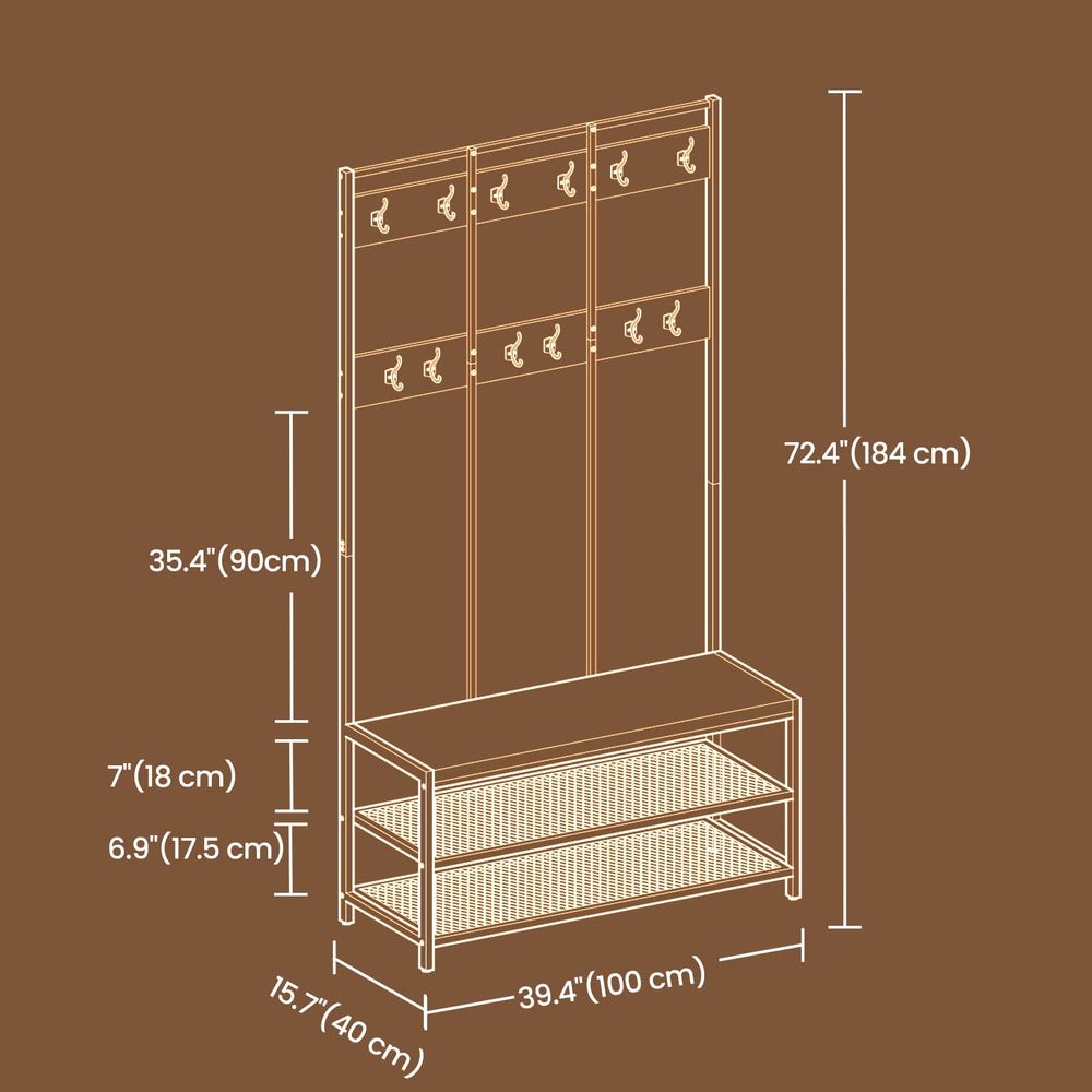 Coat Rack - Bench with Shoe Storage - Rustic Brown Unit