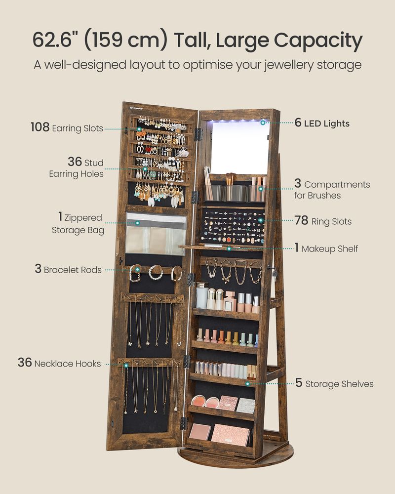 Jewellery Cabinet - Mirror with LED Lights - Freestanding Storage Unit