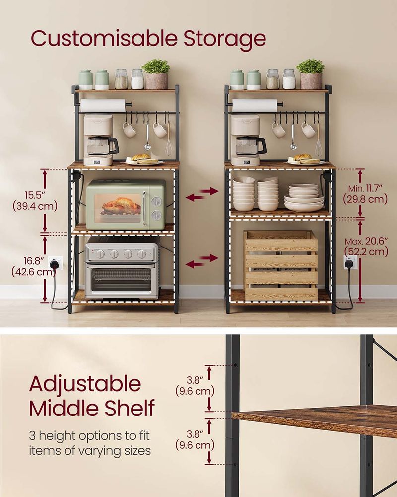 Kitchen Bakers Rack - Built-In Power Outlet Design - Freestanding Kitchen Storage Unit