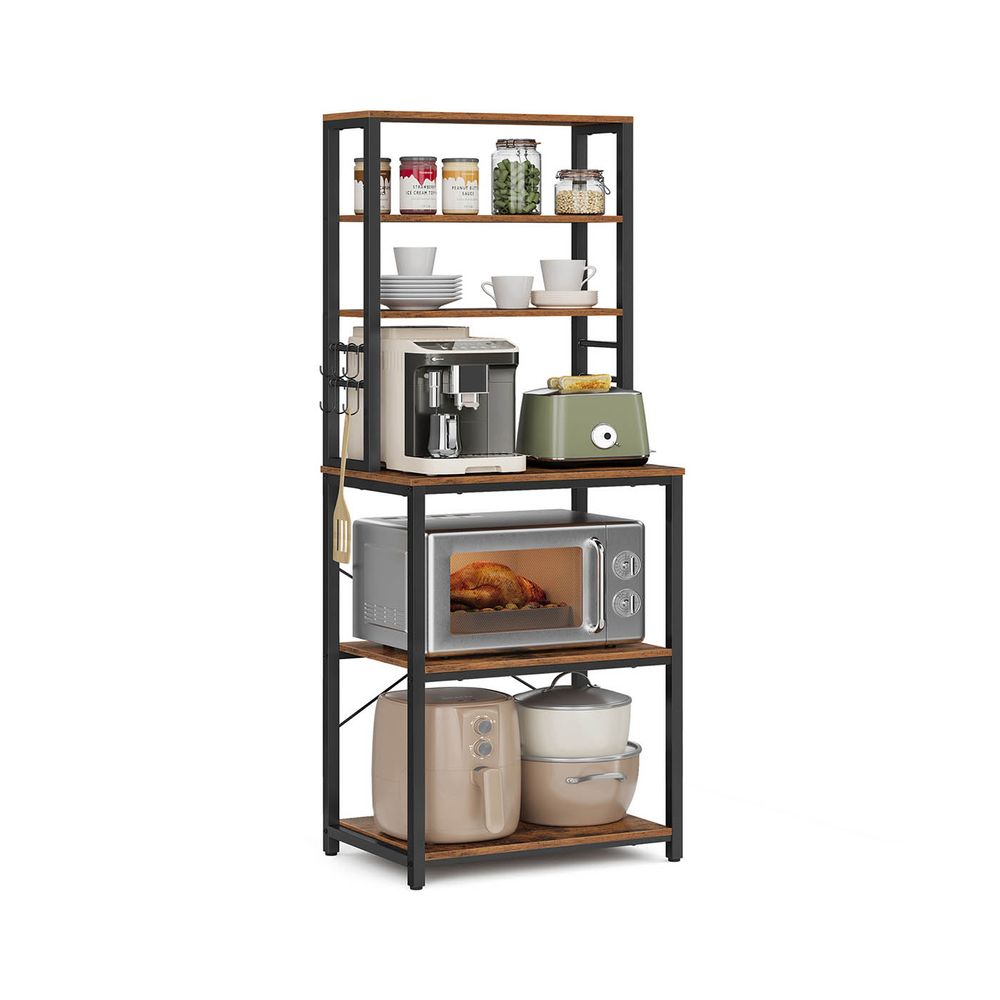 Kitchen Storage Rack - Freestanding Organiser Design - 6 Shelves and 6 Hooks Unit