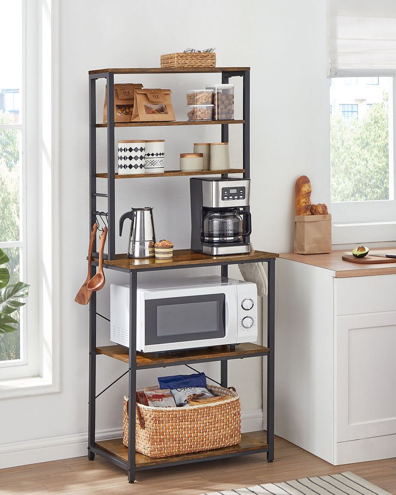 Kitchen Storage Rack - Freestanding Organiser Design - 6 Shelves and 6 Hooks Unit