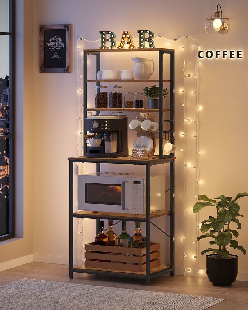 Kitchen Storage Rack - Freestanding Organiser Design - 6 Shelves and 6 Hooks Unit