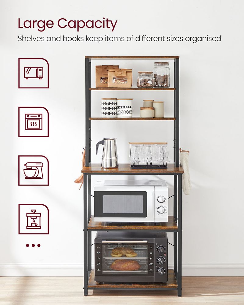 Kitchen Storage Rack - Freestanding Organiser Design - 6 Shelves and 6 Hooks Unit