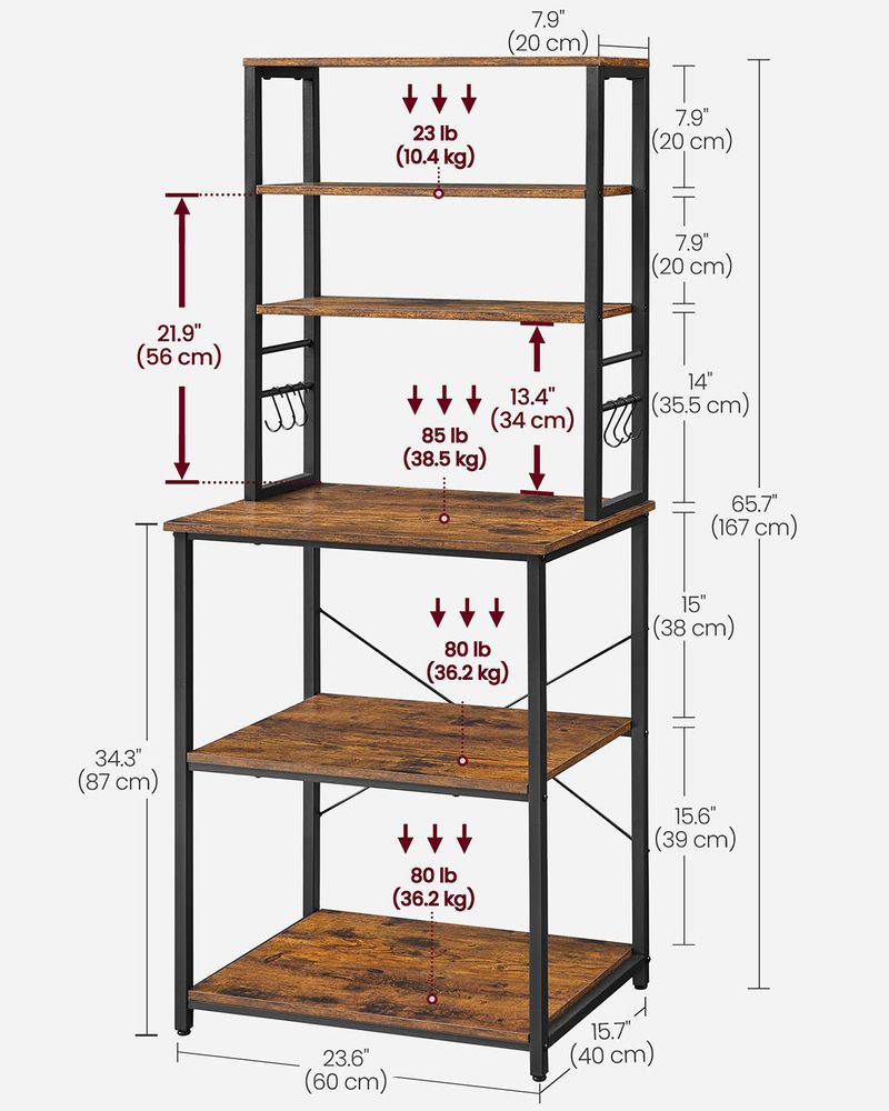 Kitchen Storage Rack - Freestanding Organiser Design - 6 Shelves and 6 Hooks Unit