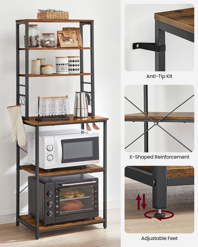Kitchen Storage Rack - Freestanding Organiser Design - 6 Shelves and 6 Hooks Unit