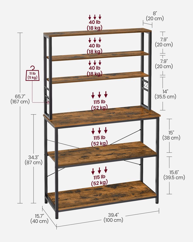 Kitchen Storage Rack - Freestanding Organiser Design - 6 Shelves and 6 Hooks Unit