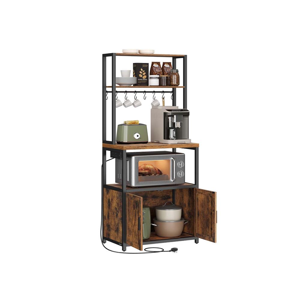 Kitchen Bakers Rack - Built-In Power Outlet Design - Brown Finish