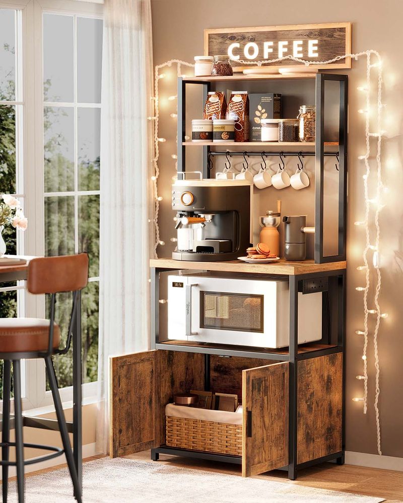 Kitchen Bakers Rack - Built-In Power Outlet Design - Brown Finish