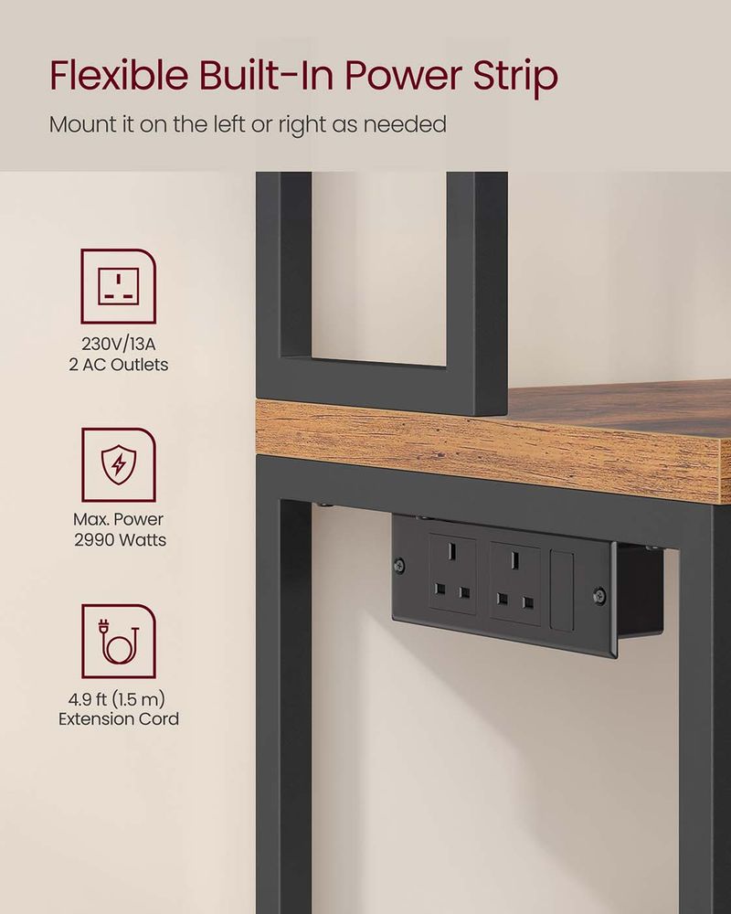 Kitchen Bakers Rack - Built-In Power Outlet Design - Brown Finish