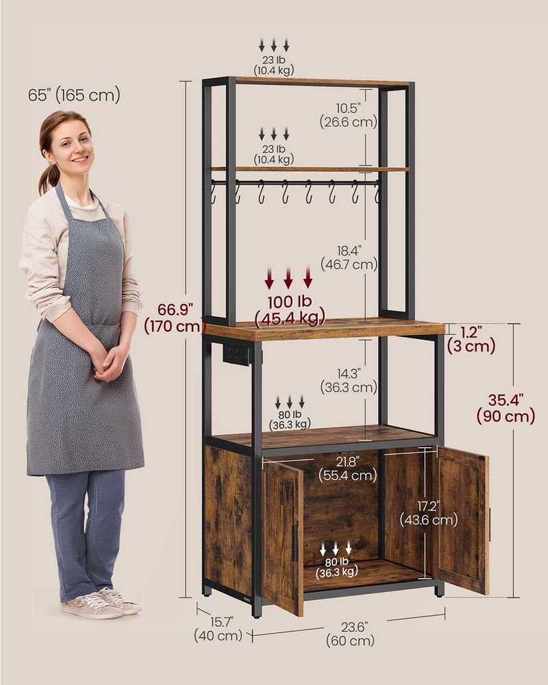 Kitchen Bakers Rack - Built-In Power Outlet Design - Brown Finish