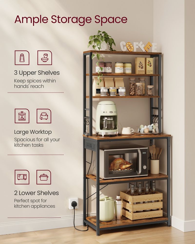 Bakers Rack - Built-In Power Outlet Design - Multi-Shelf Kitchen Storage Unit
