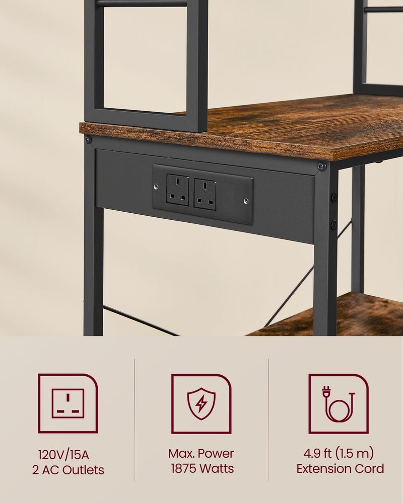 Bakers Rack - Built-In Power Outlet Design - Multi-Shelf Kitchen Storage Unit