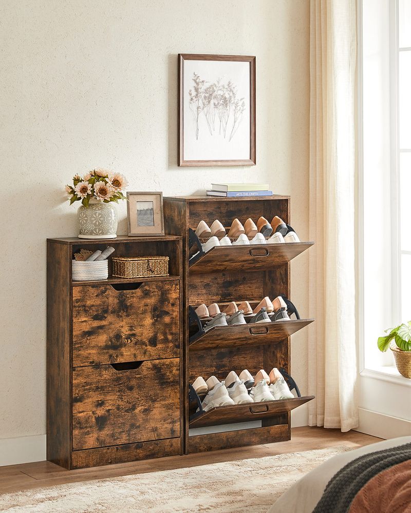 Shoe Cabinet - Adjustable Divider Storage - Rustic Brown