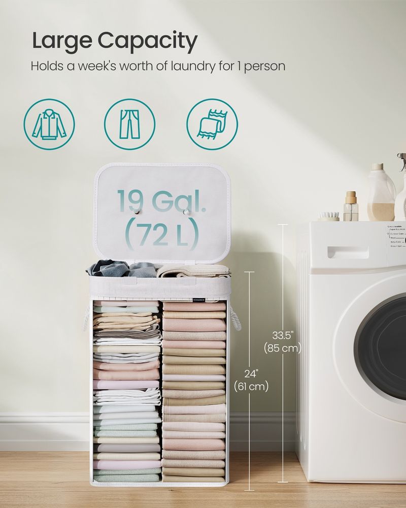 Laundry Hamper - Bamboo Design with Handles - 72L Capacity Cloud White