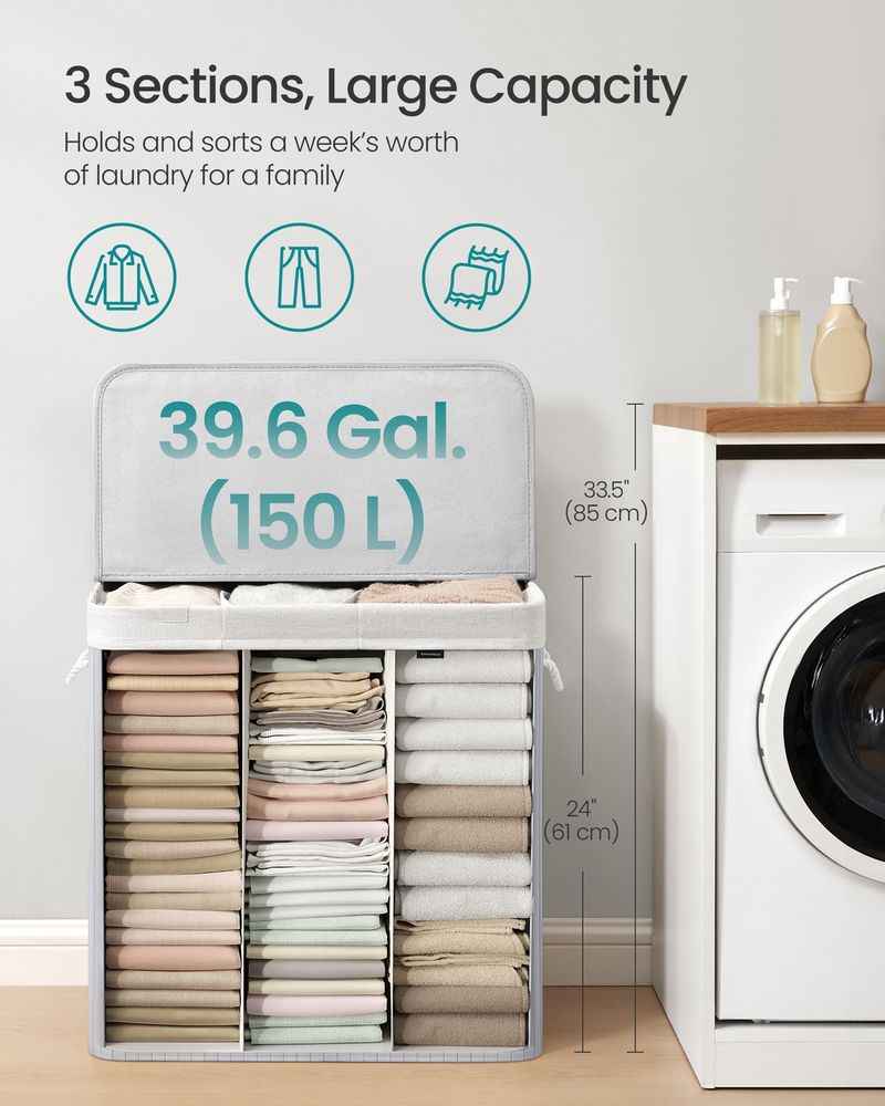 Laundry Hamper - 3 Section Sorting Design - 150L Capacity
