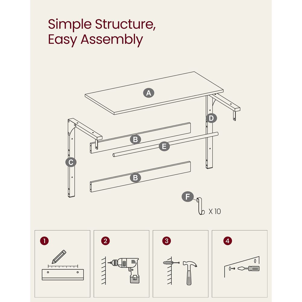 Coat Rack - Wall Mounted Storage Design - 10 Hooks Unit