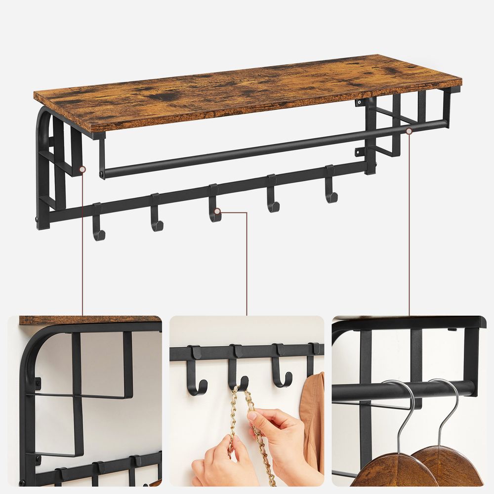 Coat Rack - Wall Mounted Rail with Removable Hooks - Rustic Brown 5 Hook Unit