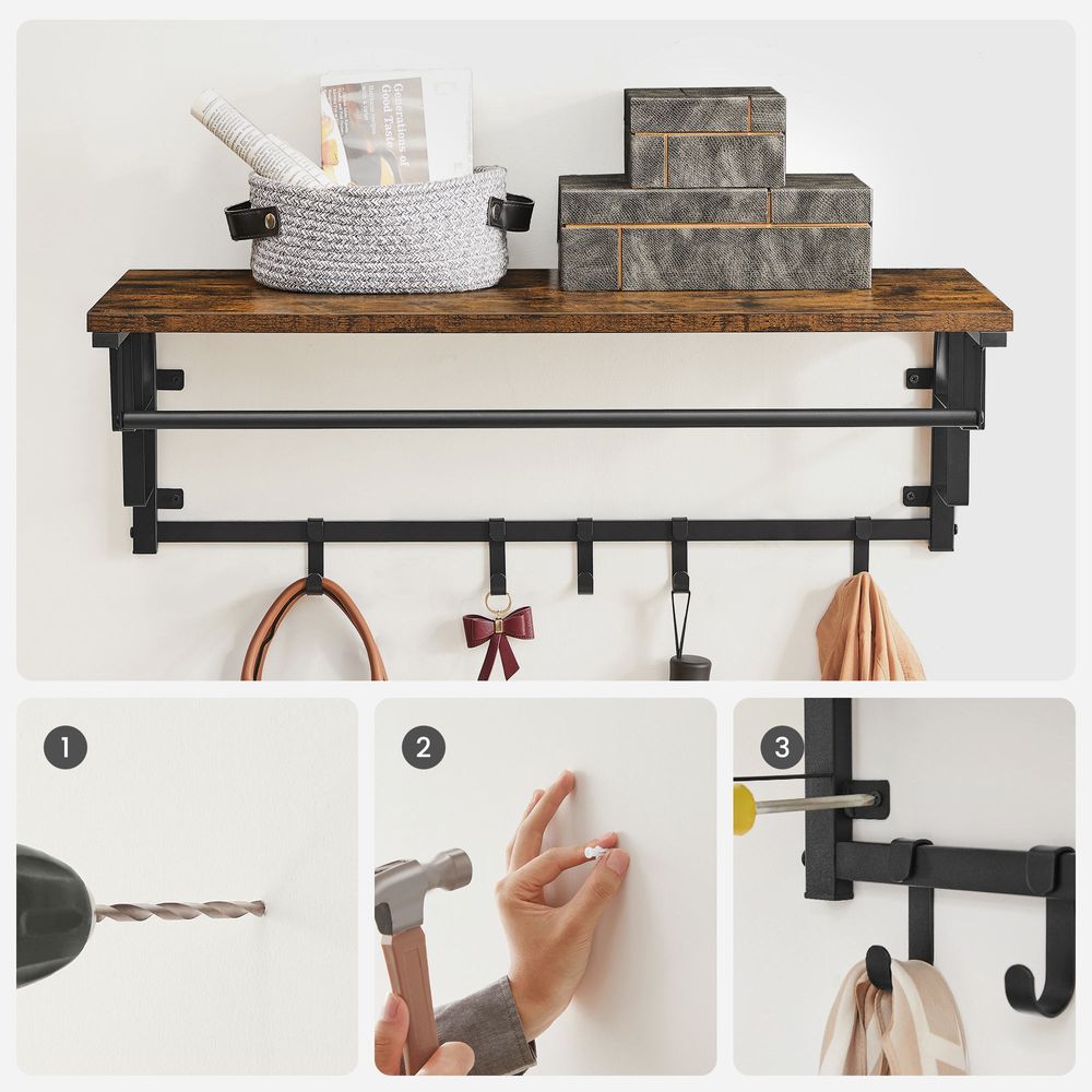 Coat Rack - Wall Mounted Rail with Removable Hooks - Rustic Brown 5 Hook Unit
