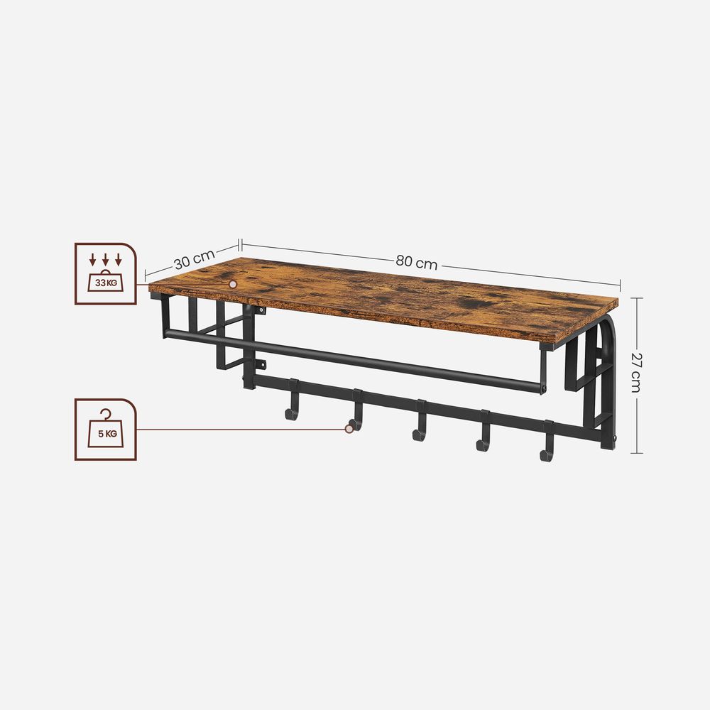 Coat Rack - Wall Mounted Rail with Removable Hooks - Rustic Brown 5 Hook Unit