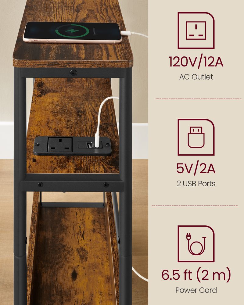 Side Table - Integrated Charging Station Design - Slim Storage Unit 3-Tier